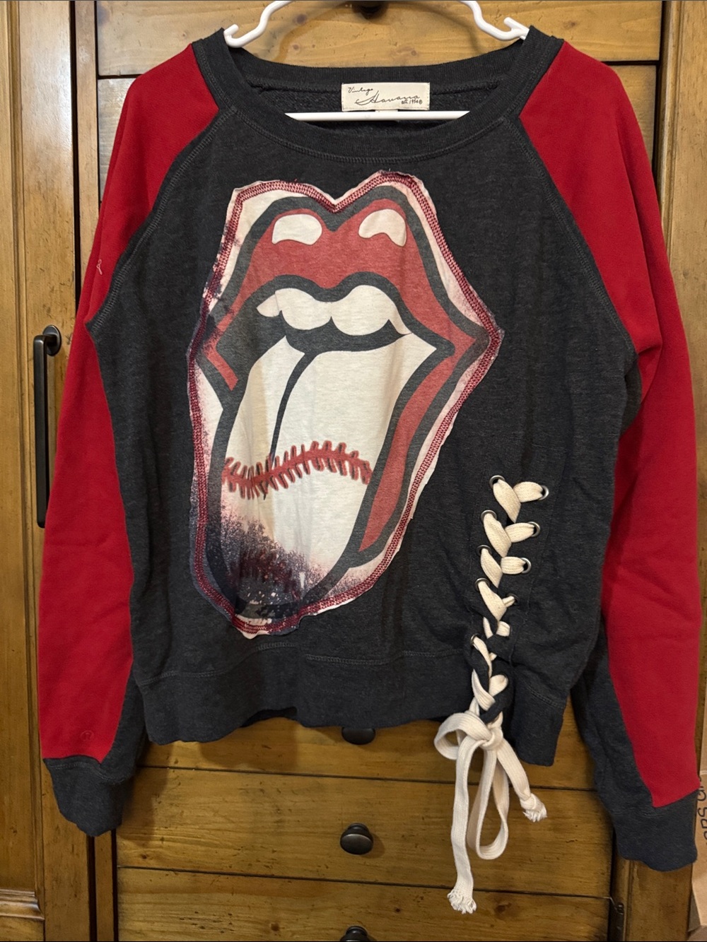 Upcycle Vintage Havana Red-Sleeve Graphic Lace-Up Crewneck